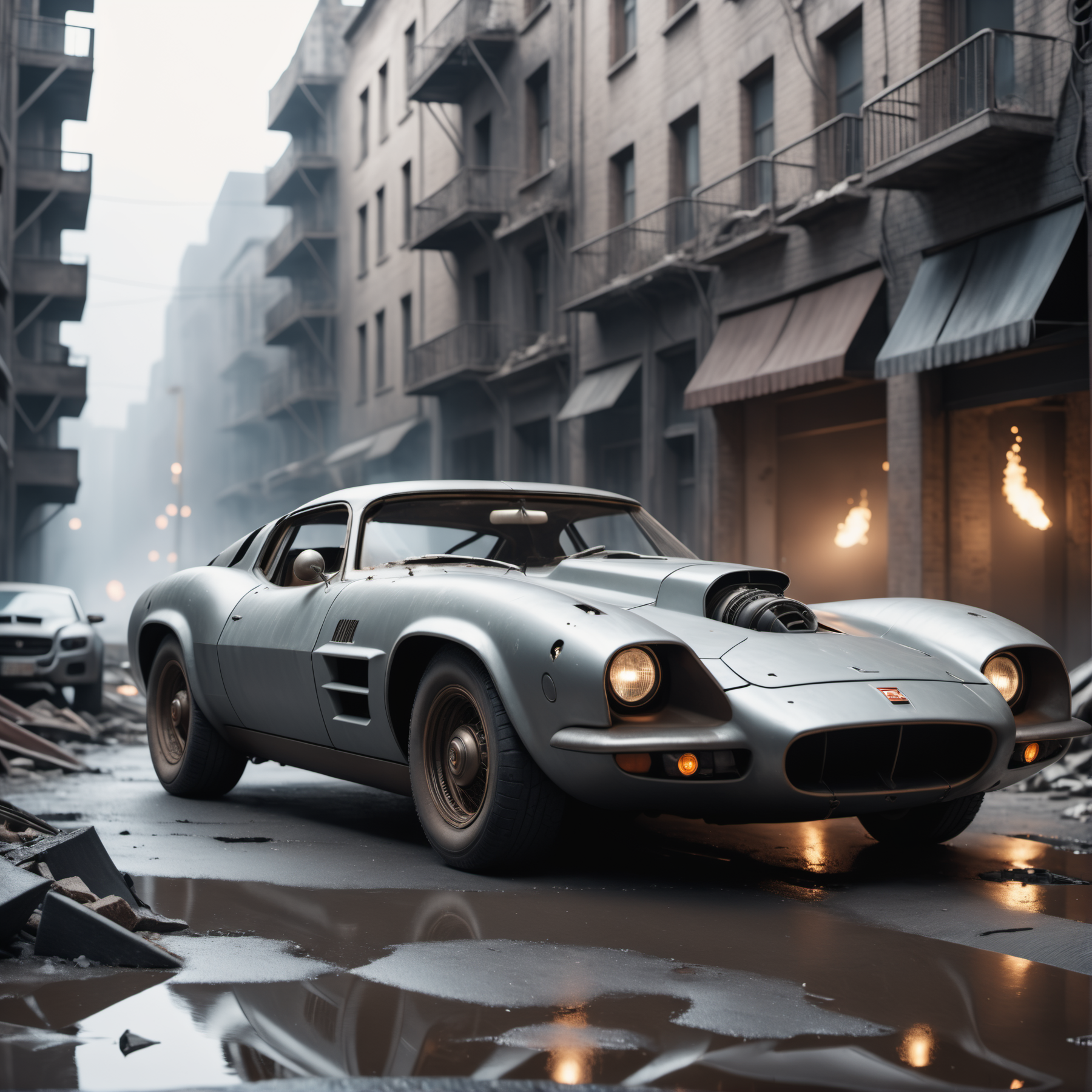 cinematic film still an futuristic cyberpunk, dieselpunk sports car in a destroyed city after an nuclear blast . shallow depth of field, vignette, highly detailed, high budget, bokeh, cinemascope, moody, epic, gorgeous, film grain, grainy, high quality photography, 3 point lighting, flash with softbox, 4k, Canon EOS R3, hdr, smooth, sharp focus, high resolution, award winning photo, 80mm, f2.8, bokeh