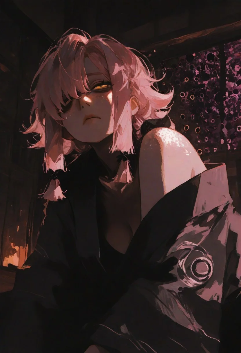 masterpiece,best quality,amazing quality,very aesthetic,newest,ultra detail, (score_9,score_8_up,score_7_up,score_6_up,rating_safe),hyper-detailed,ultra HD,cinematic lighting,(maeve:2.0),young with an asymmetrical hairstyle,(one eye covered by hair), (head tilted back), (chin raised), (neck exposed), (looking upward), (asymmetrical bangs),(long braids:1.2) ,(looking at viewer:1.5),(pink hair:1.5),(deep emotional connection:1.4),(detailed facial features:1.4),(no fusion,no deformities,correct anatomy:1.5),sexy pose,dynamic pose,(yellow eyes:1.5), (glowing eyes:1.5),(Cat pupils:2.0),Detailed eyes, (white freckles),(glowing freckles:2.0),wild and swaying hair, small breasts,(bare shoulder:1.5),(Hanging breasts),(black kimono:1.5),kimono open,(cleavage),(Tired expression:2.0),(dark circles under the eyes:2.0), (Sleeping face:1.5),(deeply distressed:1.5),(squinting eyes:1.5),tabi,Calf,plump lips,(Sitting:1.5),side locks,makeup,floral print,(front-facing, direct view:1.5),(extreme close-up:1.8, eye focus:1.2),Warm crimson ambient light, light that illuminates maeve dimlylight,<lora:illustrious_all_rated_v1:0.5><lora:ppw_v7_noobE11_6_r2_0.05:0.6><lora:nhl-001:0.6> nhl-001,limited palette,realistic,BREAK
Japanese house, Moody lighting,<lora:wasabi_natsume_style_r1:0.8> wasabi_natsume_illu,abstract, surreal,<lora:748cm_illu:0.4> 7481llu
