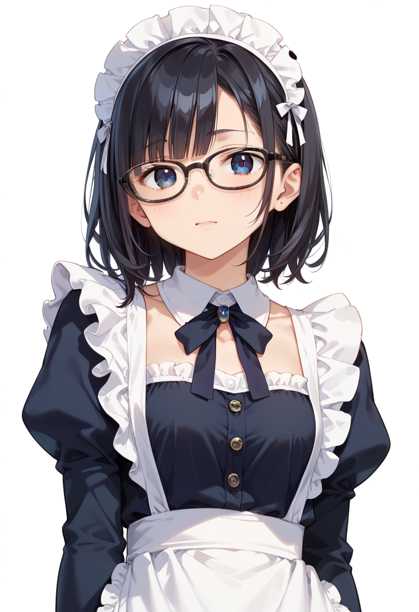 score_9, score_8_up, score_7_up, rating_safe, masterpiece, best quality, absurdres, unity 8k wallpaper, official art, official style, source_anime, uncensored, game cg, megami magazine,
1girl, solo, black hair, medium hair, upper body, covered eyes,maid, maid headdress, black dress, maid apron, face focus,
oval_cell, glasses, still life, white background, simple background, black-framed eyewear,
 <lora:glasses_OvalCell1_PONY_V1:1>