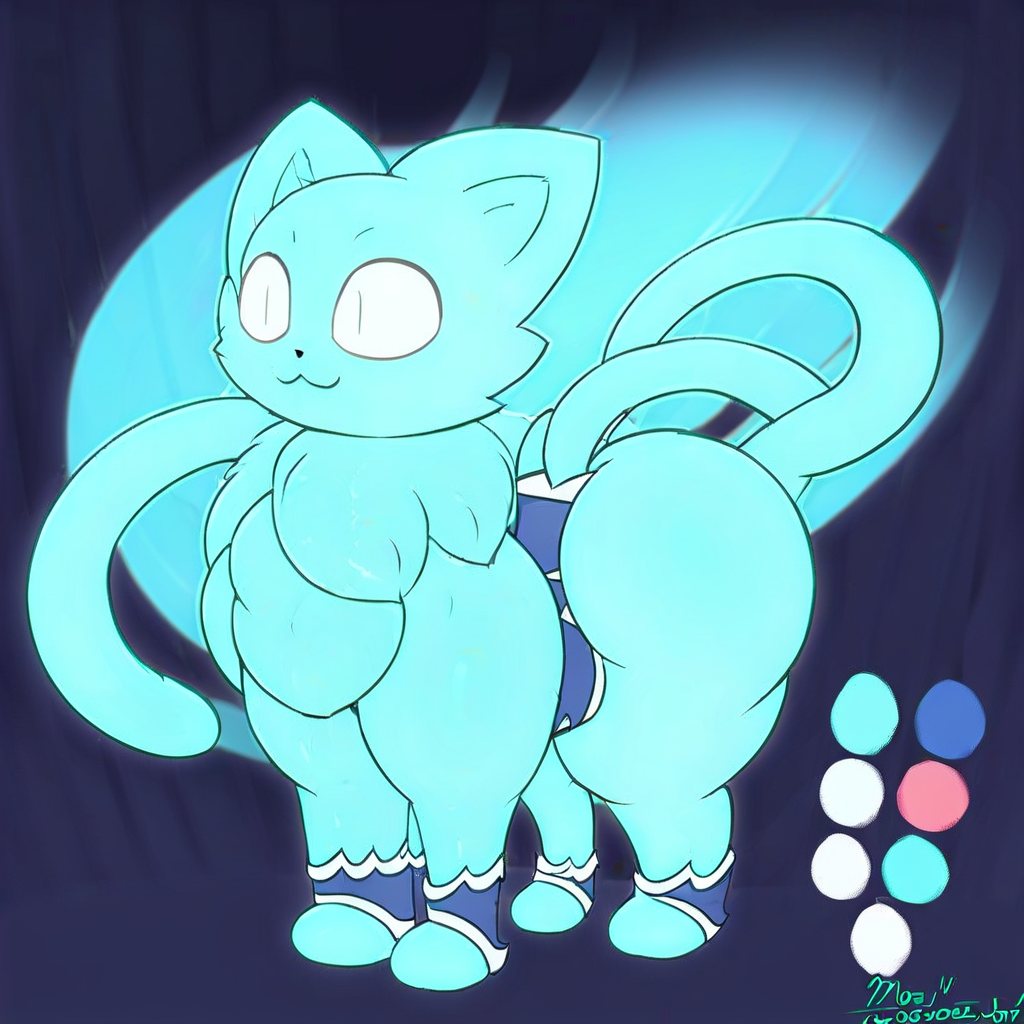 testicles, pokephilia, standing, day, animal ears, :3, cat, artist name, blue background, full body, blue theme, closed mouth, cat tail, english text, colored skin