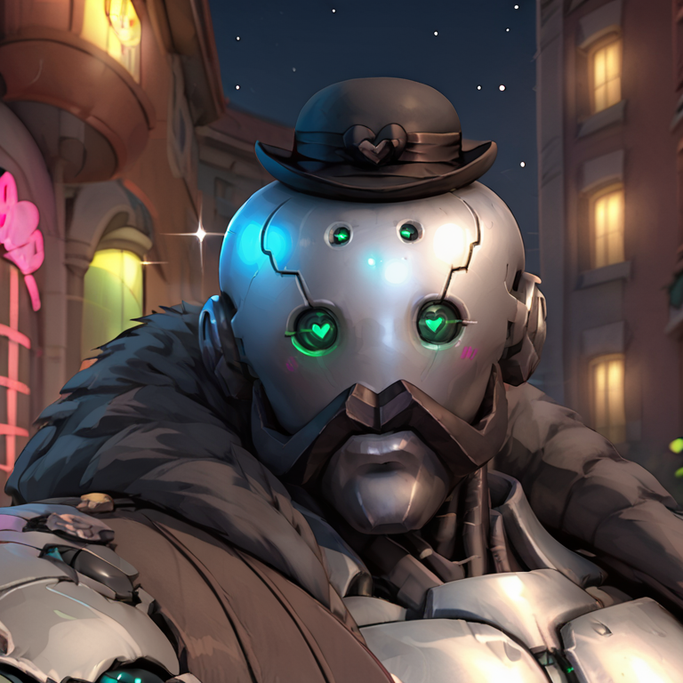 portrait of bob_ow man, (robot), bowler hat, dynamic lighting, outdoors, <lora:B.O.B._Overwatch:.9> hearts, sparkles