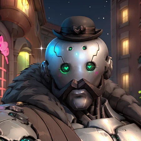 portrait of bob_ow man, (robot), bowler hat, dynamic lighting, outdoors, <lora:B.O.B._Overwatch:.9> hearts, sparkles