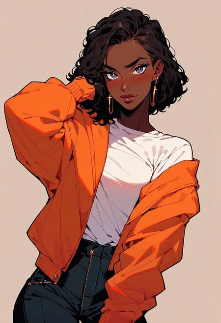 score_9, score_8_up, score_7_up, score_6_up, jdc_style, 1girl, egirlpfp,lineart,looking at viewer, proud,orange jacket, white shirt, blush, dark skin,