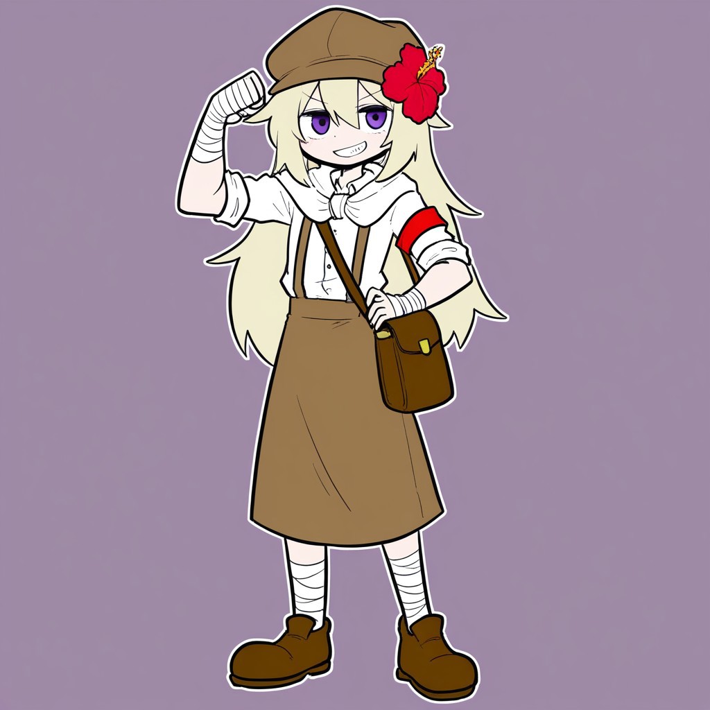 Sentaku-bune, BREAK, 1girl, solo, (short, broad shoulders, (purple_eyes:1.2), light blonde hair, long hair, bangs, newsboy cap, (Spider hibiscus, flower in hair), (red_armband:1.2), white button up shirt, tucked, rolled sleeves, skirt, white cloak, hood, hood down, white leg wraps, leg wraps, hand wraps, brown suspenders, brown satchel, brown footwear, brown headwear, brown skirt), full body, smiling, grin, confident, flexing arm, one arm up, one arm on hip, standing, simple background