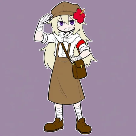 Sentaku-bune, BREAK, 1girl, solo, (short, broad shoulders, (purple_eyes:1.2), light blonde hair, long hair, bangs, newsboy cap, (Spider hibiscus, flower in hair), (red_armband:1.2), white button up shirt, tucked, rolled sleeves, skirt, white cloak, hood, hood down, white leg wraps, leg wraps, hand wraps, brown suspenders, brown satchel, brown footwear, brown headwear, brown skirt), full body, smiling, grin, confident, flexing arm, one arm up, one arm on hip, standing, simple background