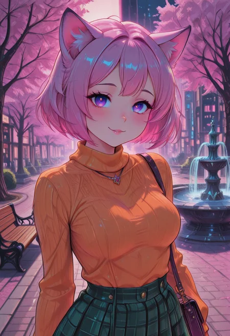 (masterpiece, best quality:1.3), pink hair, purple eyes, cat_ears, yandere, gentle smile, medium breasts, loving_gaze, looking_at_viewer, BehindCatgirl, CatGirlStyle,orange shirt,plaid skirt,bob cut,sweater, city, outside, park, fountain, bench, CivChan, sakura, cherry blossoms, pinkneoncybercore, purse, cute, night