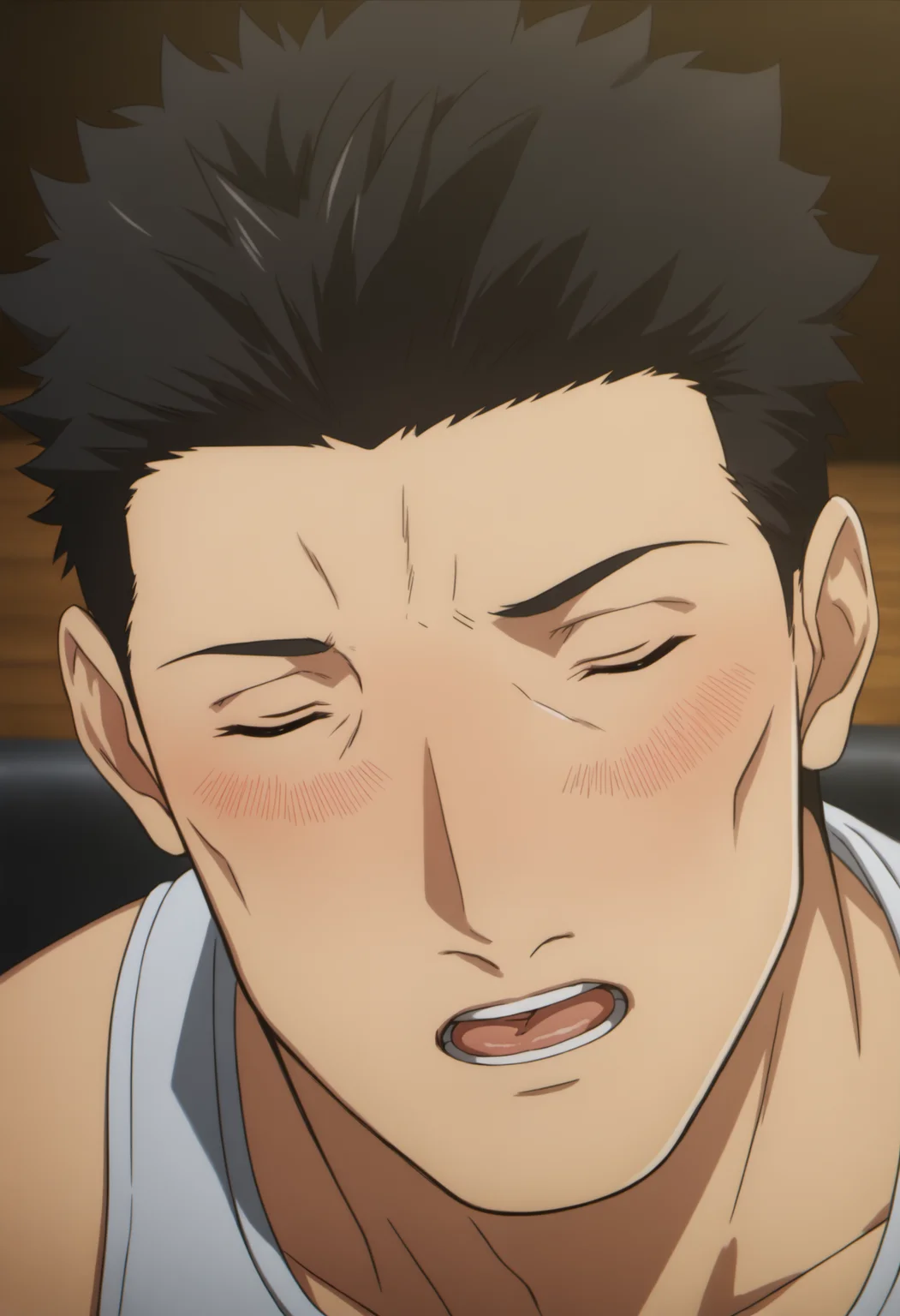 1boy, ooiwa_Iseleve, black eyes, black hair, spiked hair, white tanktop, boxer brief, score_8_up, score_7_up, score_6_up, score_9, manly, muscular, muscle, ((middle-age man)), a muscular man at living room, centered, looking at viewer, (detailed eyes), 8k uhd, high quality, anime color, cinematic angle, front view, sitting on sofa, armpit_hair, ((drunk)), ((blush)), ((closed eyes)), french kiss, tongue