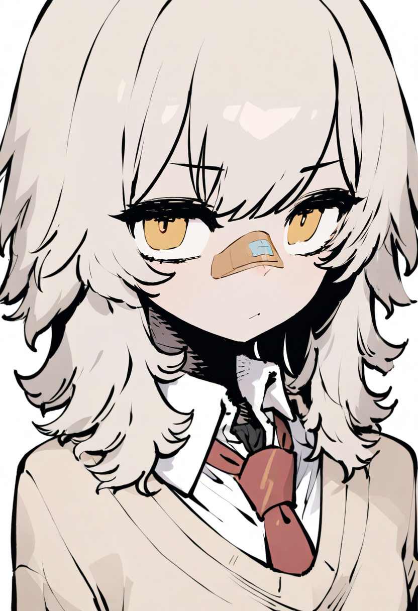 masterpiece, best quality,<lora:SSAMBAteaXL_ANI31_lokr_V53P1:0.95>  1girl, solo, necktie, shirt, collared shirt, red necktie, white shirt, looking at viewer, white background, medium hair, simple background, bandaid on face, yellow eyes, bandaid on nose, upper body, closed mouth, sweater, bandaid, bangs