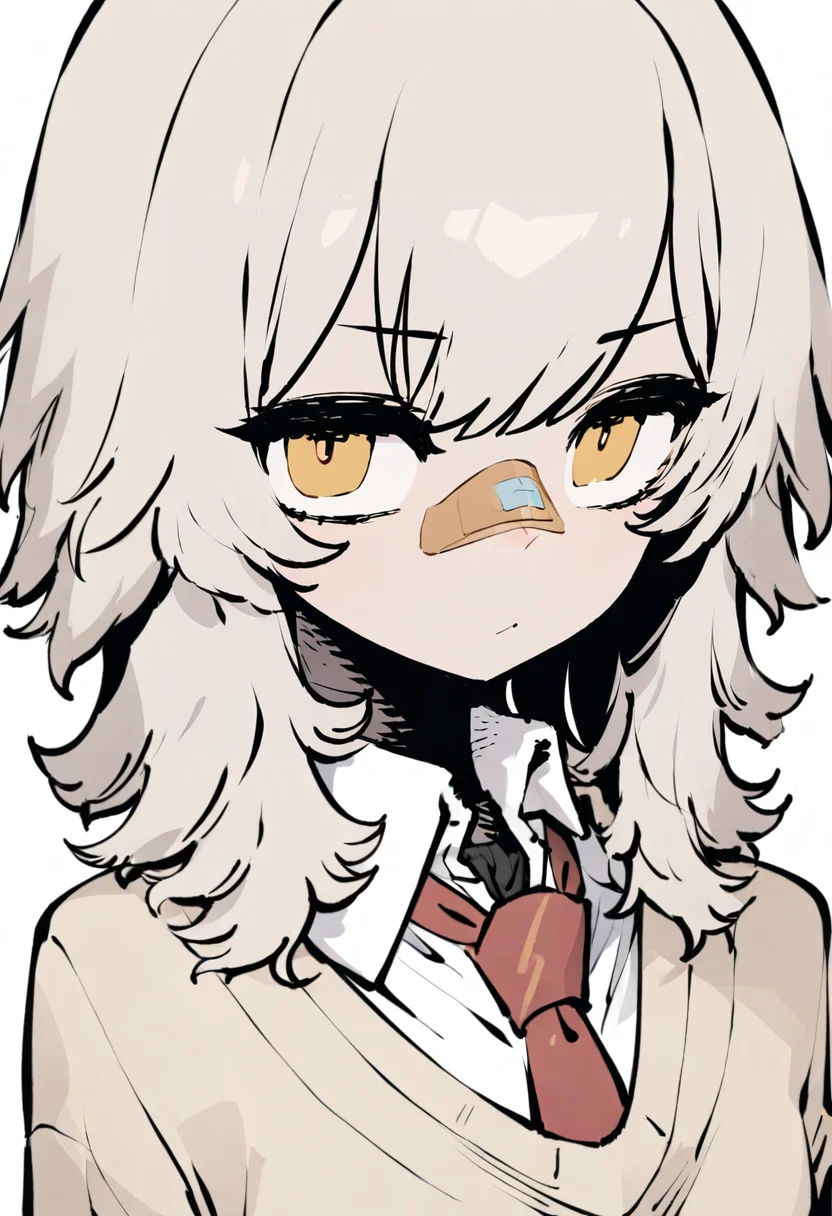 masterpiece, best quality,<lora:SSAMBAteaXL_ANI31_lokr_V53P1:0.95> 1girl, solo, necktie, shirt, collared shirt, red necktie, white shirt, looking at viewer, white background, medium hair, simple background, bandaid on face, yellow eyes, bandaid on nose, upper body, closed mouth, sweater, bandaid, bangs