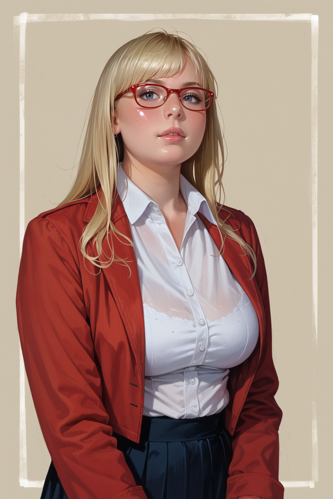 score_9, score_8_up, score_7_up, score_6_up, content_explicit, source_anime, high quality, high contrast, realistic, 1girl, plump, solo,blonde hair, long hair, white collared shirt, red jacket, large breasts, shiny skin, pale skin, sidelit, <lora:$0NI@_Stripper:0.8>, simple background, yellow background, white border, red-framed eyewear,