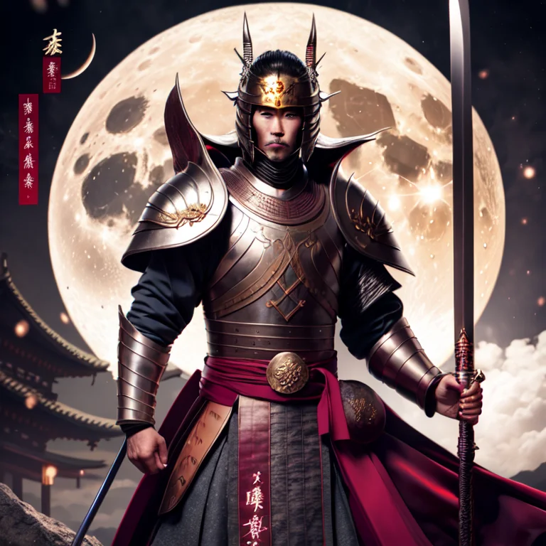 photo, a man in armor holding a sword in front of a full moon (FantasyDaimyo style:1) <lora:djzFantasyDaimyoV21:0.8>