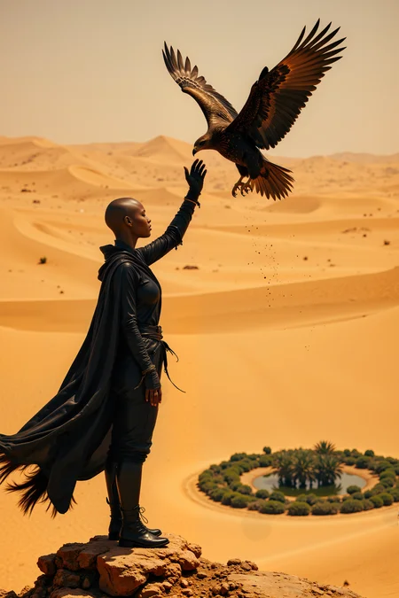 An African woman with a shaved head and striking cheekbones stands on a rocky outcrop in the middle of a golden desert, her gloved hand raised as a massive eagle descends toward her. Her black attire contrasts sharply against the sunlit dunes behind her, and her piercing gaze follows the birdâs descent with quiet authority. The wind stirs her cape, sending small grains of sand swirling around her boots. A lush, hidden oasis shimmers in the distance, its reflection glinting in her dark eyes. <lora:FluxMythR3alisticF:0.4><lora:midjourney_whisper_flux_lora_v01:0.4><lora:aidmaMJ6.1-FLUX-V0.1:0.4><lora:Movie_Portrait:0.4><lora:Flux DetailerV2:0.4>
