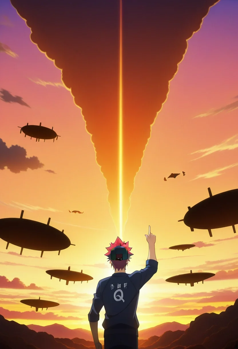 masterpiece, best quality, , anime screencap, anime coloring, official style, , 1boy, solo, male focus, <lora:souma_yukihira_ilxl:1>, souma_yukihira, red hair, yellow eyes, spiked hair, , sky whale pod, floating islands, cloud formations, observation point, pointing up, excited expression, golden hour, , baseball cap