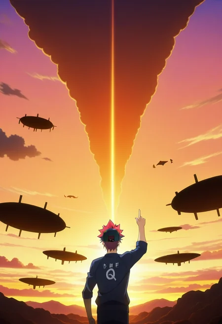 masterpiece, best quality, , anime screencap, anime coloring, official style, , 1boy, solo, male focus, <lora:souma_yukihira_ilxl:1>, souma_yukihira, red hair, yellow eyes, spiked hair, , sky whale pod, floating islands, cloud formations, observation point, pointing up, excited expression, golden hour, , baseball cap