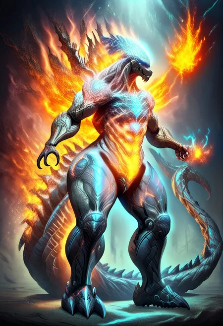 ([masterpiece, best quality, high resolution], score_9, score_8_up, score_7_up, score_6_up, fire, sparks, colorful, electricity, <lora:fflix_inlight:0.75>), (simple background, ulblackholetech, crystaltech, magic fog, excessive energy, scifi, ral-dstgrtptrn, cmth, fflix_inlight, ral-sprnva), (uncensored, (full body), horns, solo, detailed face, 1other, silver eyes, silver eye trail, glowing eyes), (neck tattoo, arm tattoo, leg tattoo, mechanical arms, giant mechanical arms, mecha musume, mechanical tail, muscular body, bulky torso, muscular arms, long arms, long legs, intricate glowing aether tattoos, runemagic), (red theme, anthro, alien, monster, kaiju, horn, spikes, bone, red eyes, no pupils, black body, white body, two tone body, exoskeleton, shin_godzilla, godzilla_earth, glowing veins, glowing body), (fiery patterns, fire elemental spirit, magmatic explosion, smoke, stardust, golden milky way, magic fog, lumina, mystical, multicolored, glowing, magic swirling, glowing magical energy)