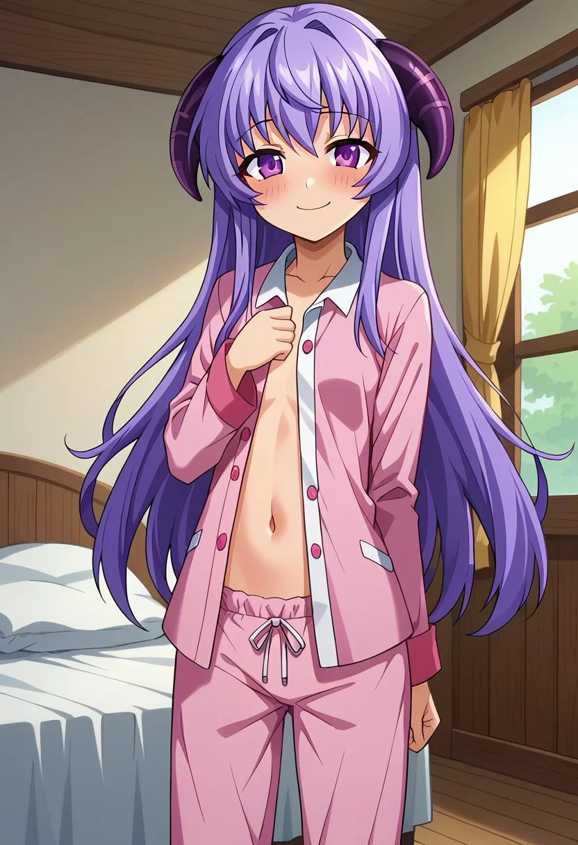 score_9, score_8_up, score_7_up,anime coloring,anime screencap , source_anime, BREAK, 1Girl , Hanyuu, purple eyes, purple hair, long hair, horns, indoors, anime coloring,anime screencap, happy smile, kawaii, small breasts, pajamas , navel, blush