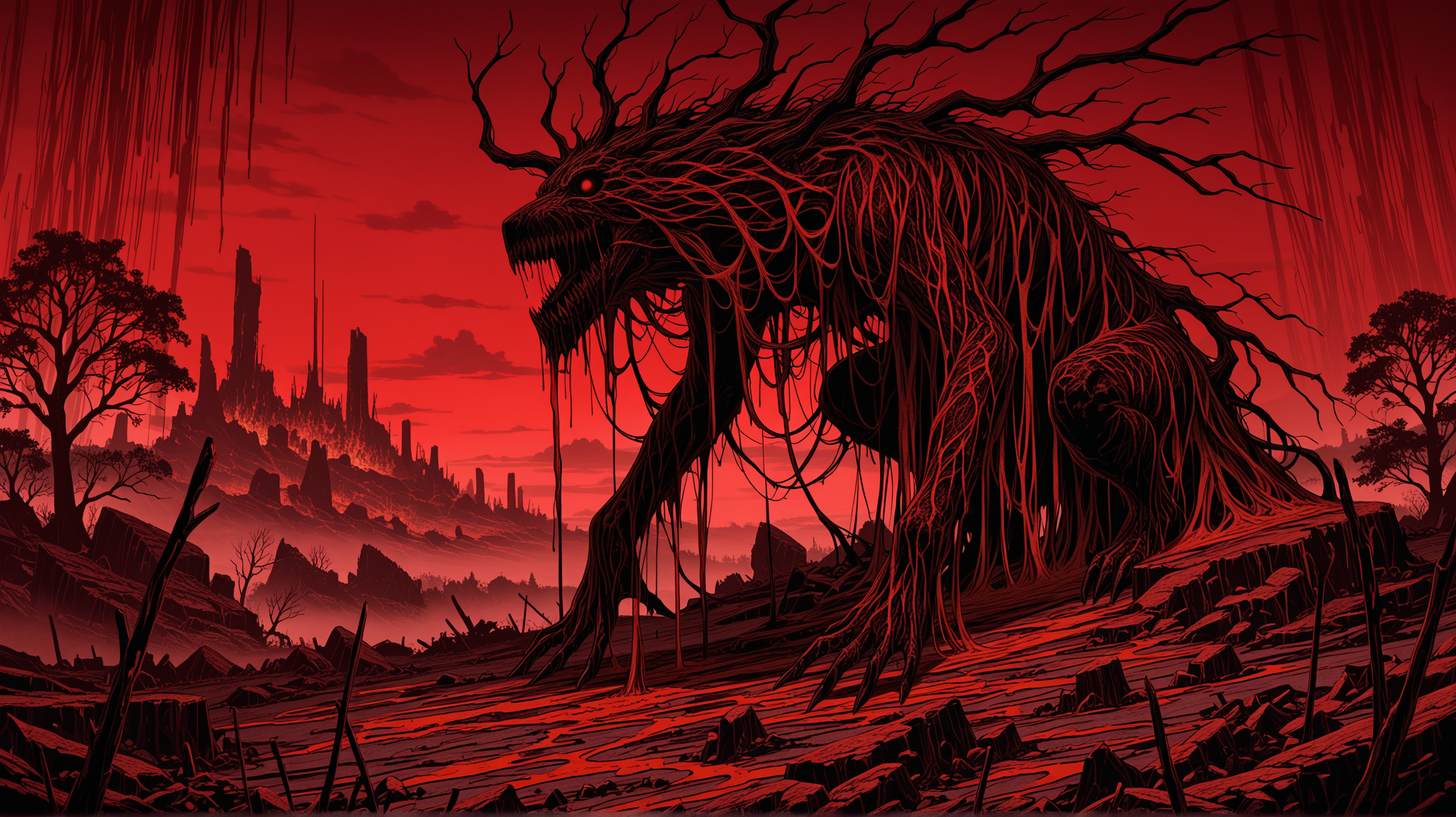 masterpiece, best quality, amazing quality, (no humans:1.1), outdoors, horror, dark fantasy, desolate landscape, (blood-red mist:1.0), (crimson sky:1.0), dead twisted trees, (ominous ruins:1.0), towering jagged rocks, (distant burning horizon:1.0), scattered black crows, fog-covered valley, (monochrome:1.1), red tones, volumetric lighting, intricate details