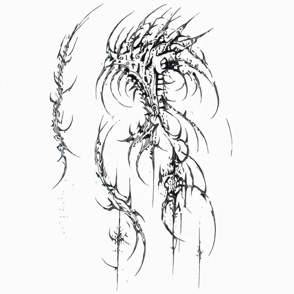 masterpiece, best quality, anime girl, ghost in the shell style, cyberpunk, cybersigilism, neotribal, tribal style tattoo, sketch, highlights, sparkle, gradient, greyscale, monochrome, no humans, white background, simple background, solo