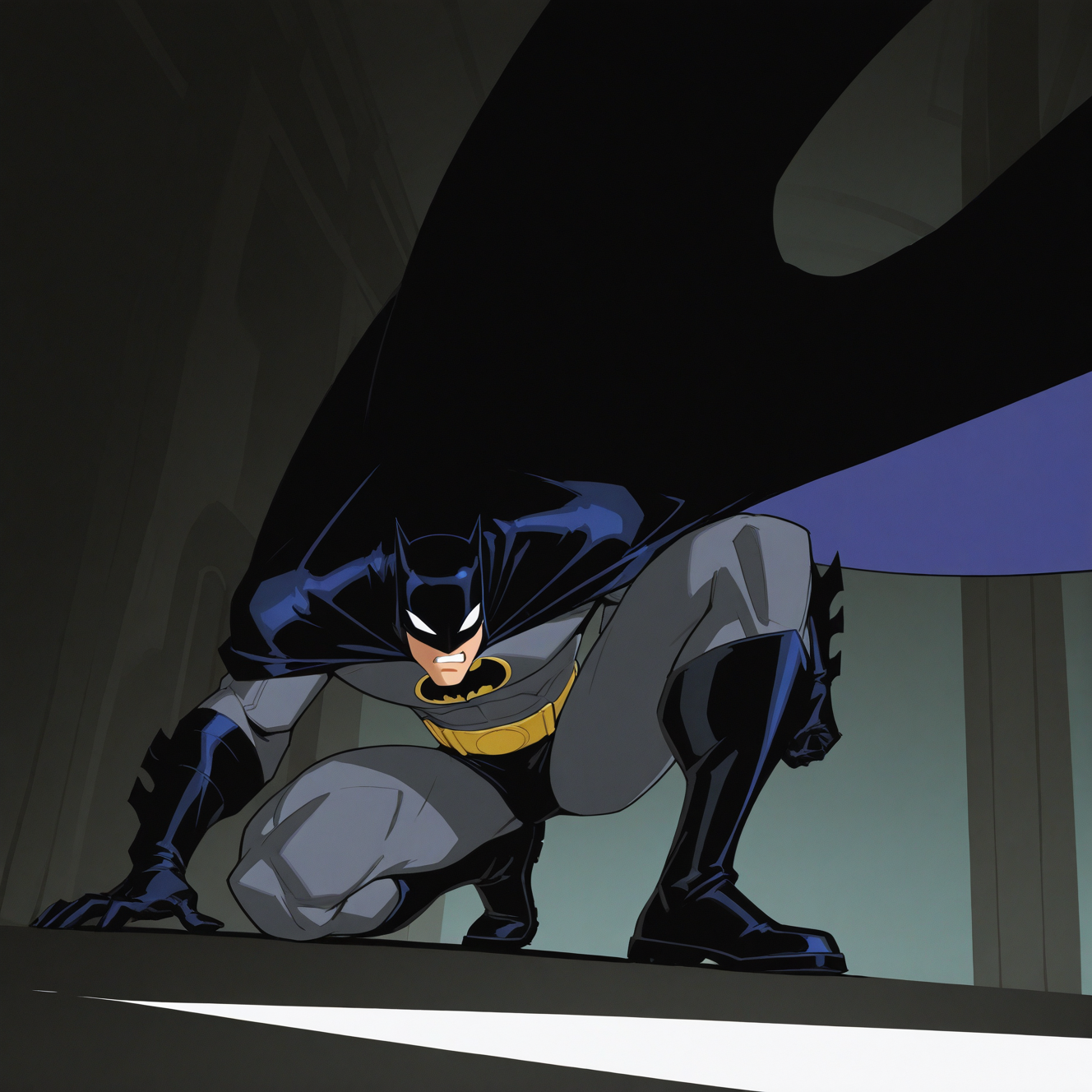 <lora:BATMAN_2004:1>batman_2004, solo, 1boy, full body, male focus, boots, teeth, belt, black footwear, cape, mask, bodysuit, squatting, clenched teeth, black bodysuit, black cape, retro artstyle, on one knee, white eyes, official style, superhero, scene reference, purple cape, grey bodysuit, gloves, black gloves, indoors, shadow, arm support, knee boots, dark, dynamic perspective, detailed background, motion blur, film grain, abstract, natural lighting, fantasy, cinematic, dynamic view, tilted angle, very awa, masterpiece, best quality, absurdres, newest, perfect quality, detailed background, intricate details, (artist:fl \(l-fl\):0.7), (artist:tooboshoo:0.7), (artist:dizdoodz:0.8)