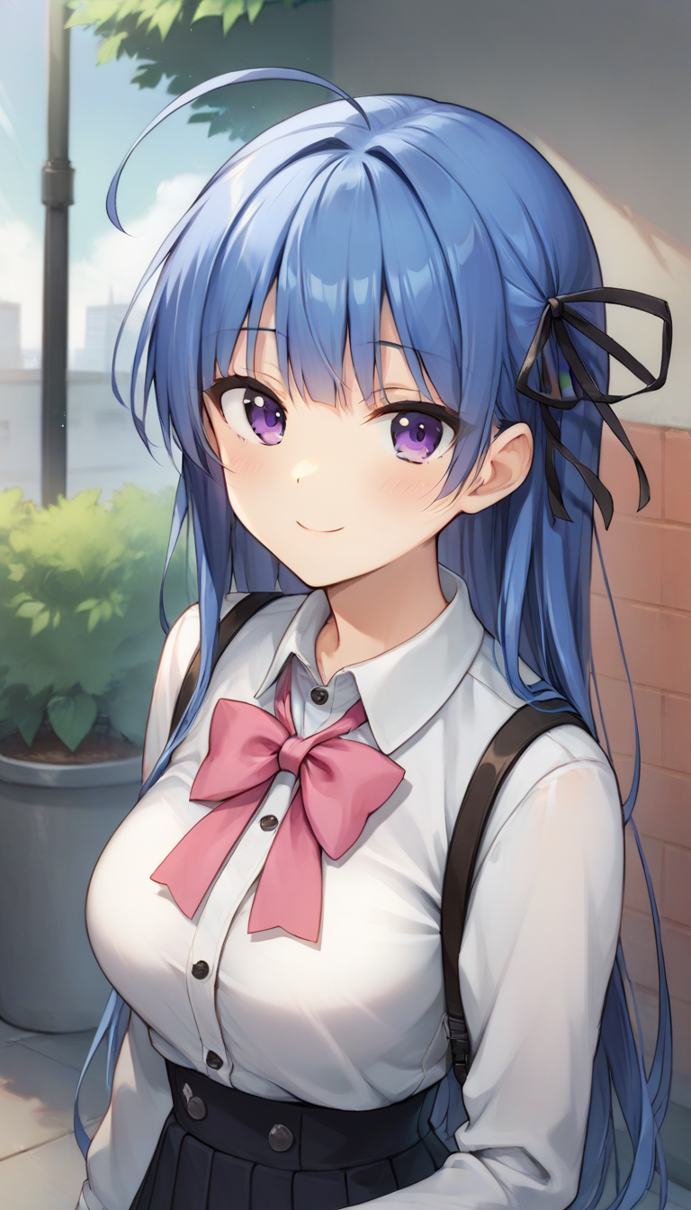 score_9,score_8_up,score_7_up,score_6_up BREAK official art,solo,outdoors,upper body,(portrait:1.5),looking at viewer,facing viewer,smile,blush,Karen Hikosaki,ahoge,very long hair,blue hair,hair ribbon,black ribbon,sidelocks,bangs,purple eyes,collared shirt,white shirt,pink bow,long sleeves,medium breasts,black skirt,pleated skirt,frilled skirt,black pantyhose,black footwear,cross-laced footwear,<lora:Karen Hikosaki(pa)-Pony:1.2>,