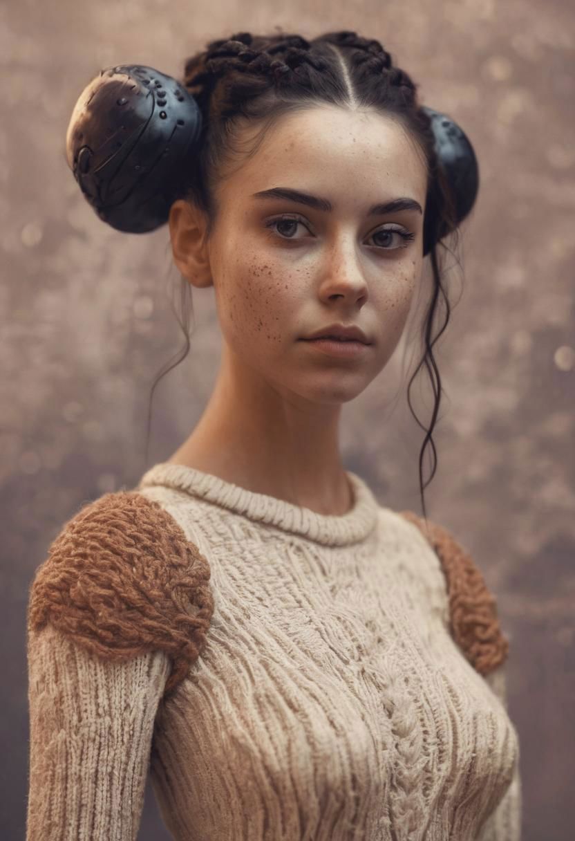 Terracotta Girl in knitted wedding dress, DARK Hairbun, Freckles, dystopian Sci-fi, as wing commander