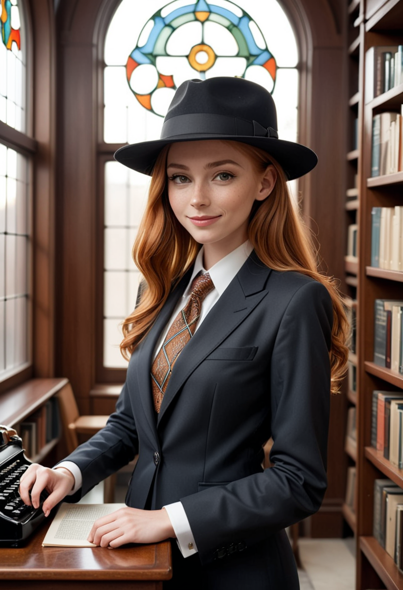 (medium full shot) of (elegant dapper young gentlewoman, petite build, long ginger hair), native american, tan skin, hazel eyes, wearing a panama hat, black two-piece suit with sleek lines, monk strap shoes, necktie, stylish pocket square carrying a leather briefcase, set in  a tranquil vintage library, where a stained glass window filters light onto a chaise lounge, a walnut bookshelf, a classic typewriter on a sturdy desk, during sunset, woman smiling, ,Masterpiece,best quality, raw photo, realistic, very aesthetic