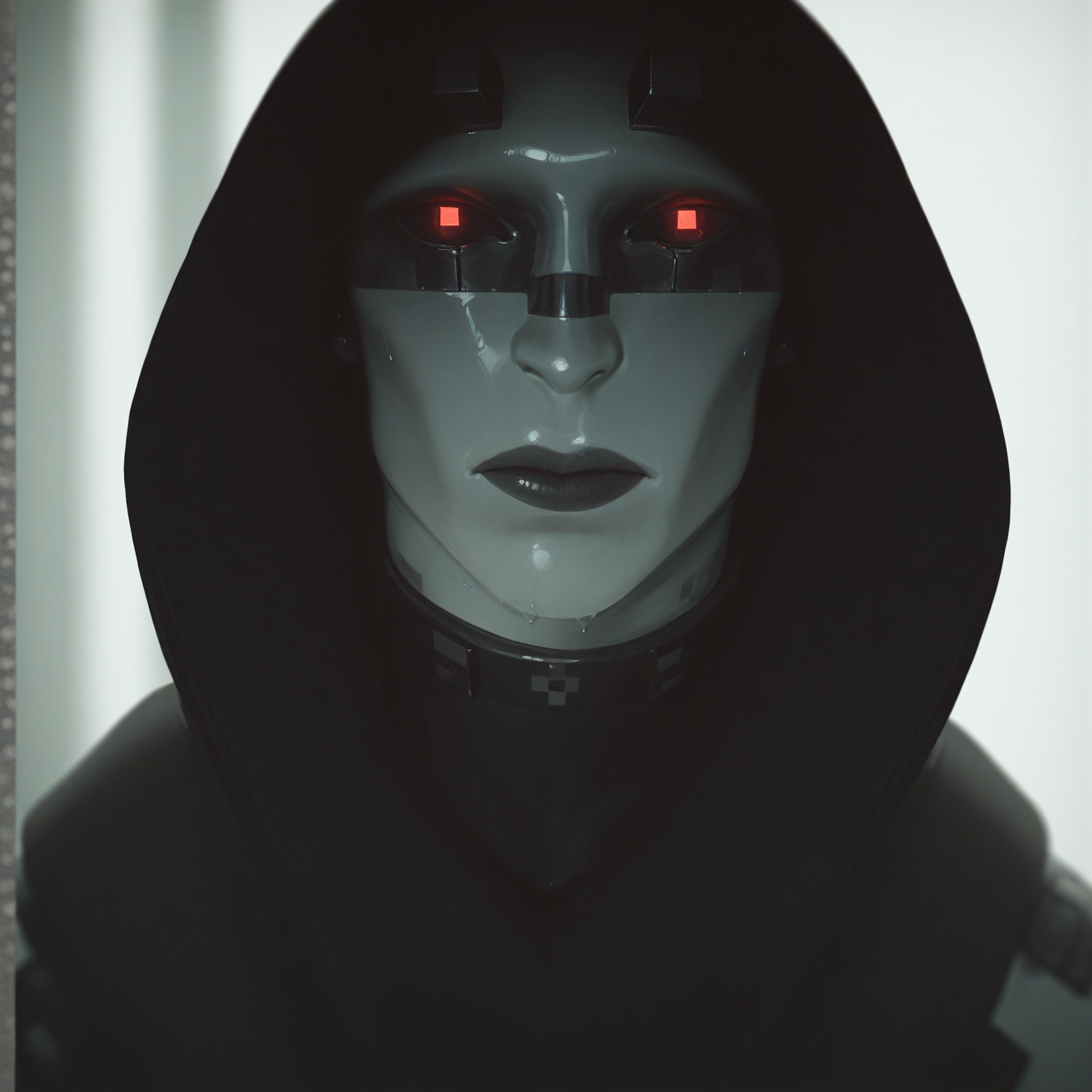 <lora:VOID:1.4> void, solo, (square iris:2), looking at viewer, 1boy, red eyes, male focus, hood, blurry, hoodie, blurry background, colored skin, portrait, robot, glowing eyes, close-up, hood up, colored sclera, science fiction, realistic, black sclera, straight-on, android, black lips, cyberpunk, humanoid robot, metal skin, sweat, makeup, glowing, helmet, dynamic perspective, detailed background, motion blur, film grain, abstract, natural lighting, fantasy, cinematic, dynamic view, tilted angle, very awa, masterpiece, best quality, absurdres, newest, perfect quality, detailed background, intricate details, (artist:fl \(l-fl\):0.7), (artist:tooboshoo:0.7), (artist:dizdoodz:0.8)