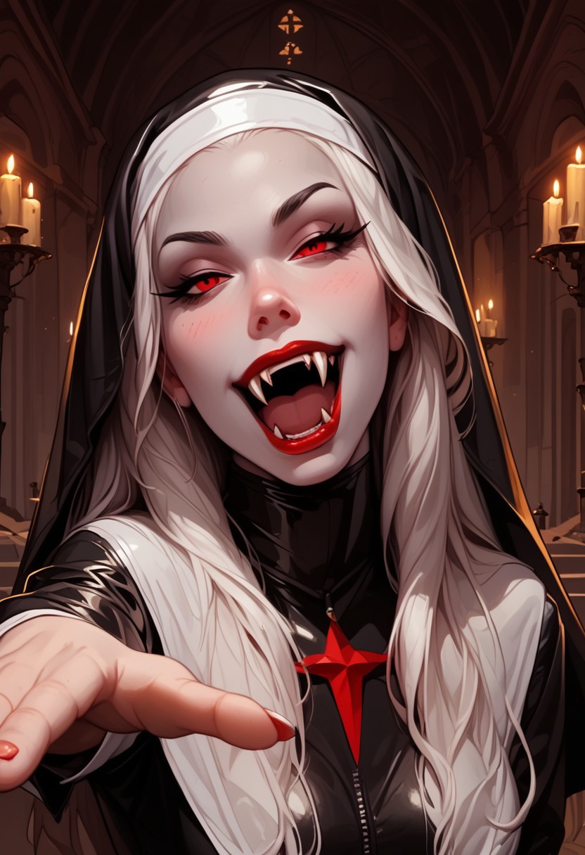 (score_9, score_8_up, score_7_up) high quality full length body image, head to toe, of a vampire nun with fangs wearing tight shiny black and white latex habit, black heels, black dress,dress, skintight covering her upper body, split up the side to show off her toned legs, slim toned body, beautiful face, open mouth smile, showing her two long vampire fangs, f4ng, small fangs, fangs,, looking at viewer with evil intent, reaching towards viewer with one hand, motioning viewer to come closer, blood red lips, very pale white skin, (vampire_seductress, 2_vampire_fangs, red eyes), inside a church, dark, night, fangs, menacing pose , handfixer