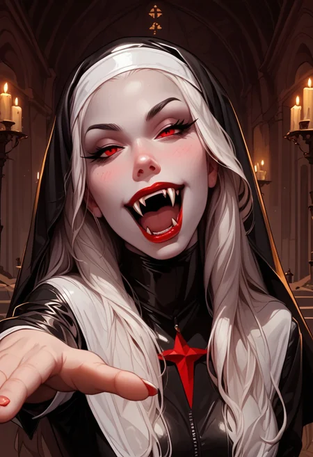 (score_9, score_8_up, score_7_up) high quality full length body image, head to toe, of a vampire nun with fangs wearing tight shiny black and white latex habit, black heels, black dress,dress, skintight covering her upper body, split up the side to show off her toned legs, slim toned body, beautiful face, open mouth smile, showing her two long vampire fangs, f4ng, small fangs, fangs,, looking at viewer with evil intent, reaching towards viewer with one hand, motioning viewer to come closer, blood red lips, very pale white skin, (vampire_seductress, 2_vampire_fangs, red eyes), inside a church, dark, night, fangs, menacing pose , handfixer