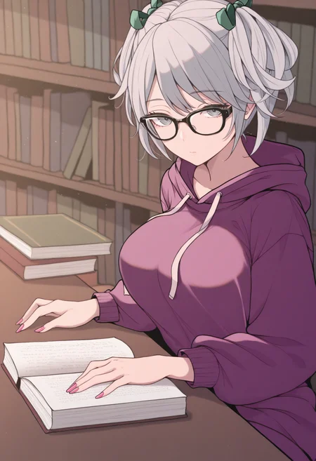 masterpiece, best quality, 1girl, sitting, pink nails, <lora:CielGE-illu:1> dfCiel, grey hair, short twintails, hair ribbon, green ribbon, grey eyes, large breasts, purple hoodie, looking at viewer, expressionless, glasses, black-framed eyewear, table, book stack, library