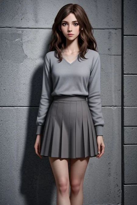The picture shows Hermione Granger from the Harry Potter film series. She is wearing a school uniform: a gray skirt, a white blouse, a gray sweater and black shoes. Her long brown hair and brown eyes give her a special charm.
