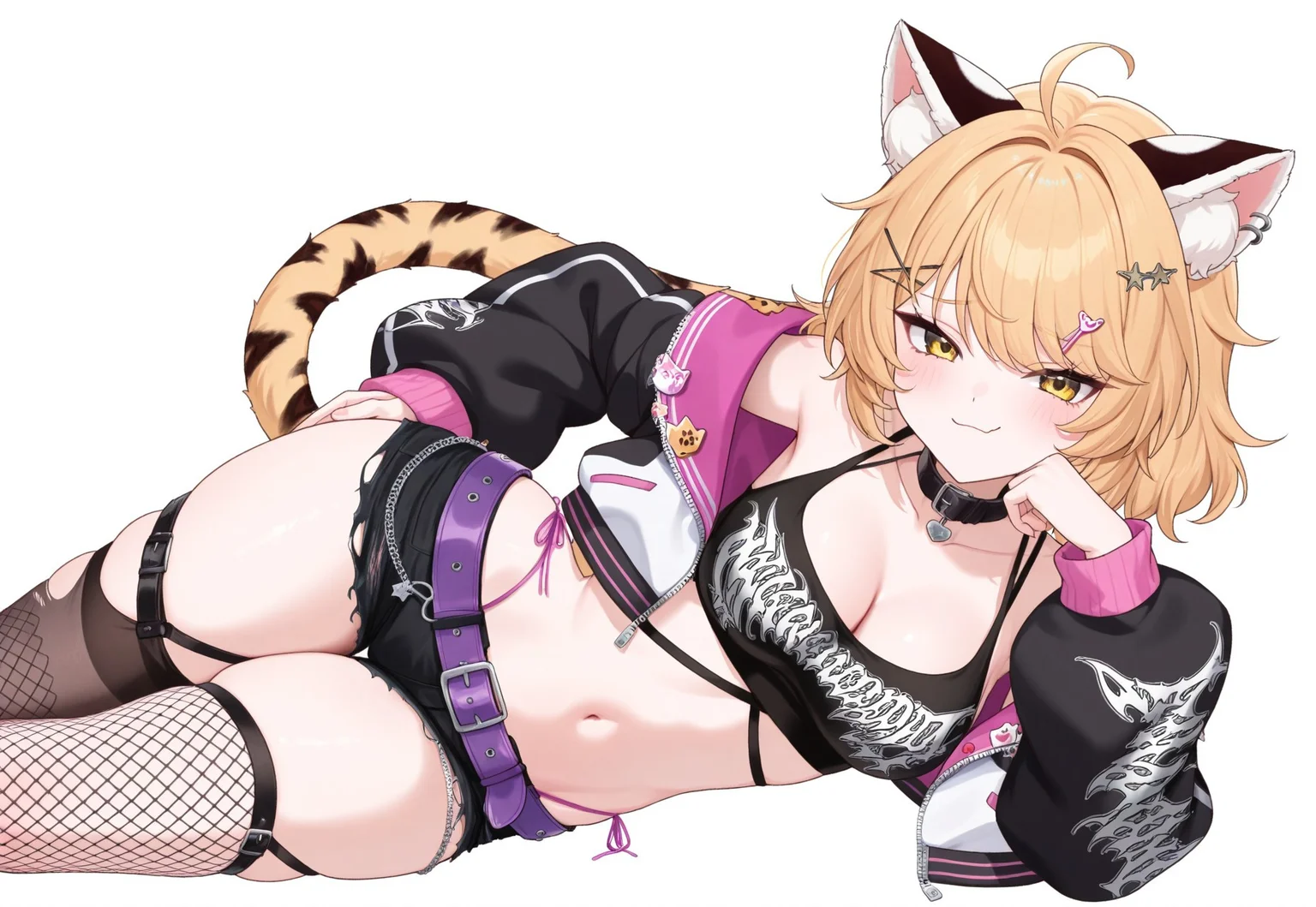 masterpiece, best quality,
1girl,
yellow eyes,
blonde hair, short hair,
ahoge,
hair ornament, x hair ornament, star hair ornament,
cat ears, animal ear fluff,
belt collar, black collar,
medium breasts, cleavage,
black crop top,
clothes writing,
midriff, navel, skindentation,
multicolored jacket, cropped jacket, two-sided jacket, long sleeves, black sleeves, open jacket,
cat tail,
highleg panties, panty straps,
purple belt,
black shorts, short shorts, torn shorts,
thigh belt,
fishnet thighhighs, black thighhighs, mismatched legwear, torn thighhighs,
white background, simple background,
on side, smug, closed mouth, looking at viewer, hip focus, hand on own hip