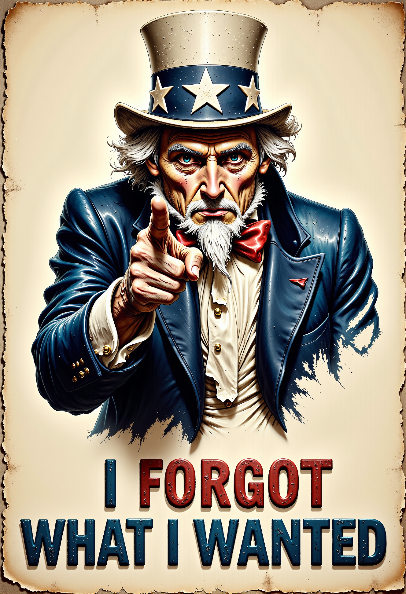 An illustration resembling the classic Uncle Sam recruitment poster, but with a twist. Uncle Sam is depicted as extremely old, frail, and skinny, with a hunched posture. His hair and beard are thin and wispy, and his face is wrinkled and tired-looking. He still wears his traditional patriotic outfit, but it looks worn and slightly tattered. He points at the viewer with a shaky hand, maintaining the classic pose. Below the illustration, the text reads: 'I forgot what I wanted' in bold, slightly faded letters, adding a humorous and ironic touch to the image. <lora:flux_vividizer.safetensors:0.75>,  <lora:aidmaImageUpgrader-FLUX-V0.1.safetensors:1.0>, detailmaximizer <lora:Dever_Flux_Enhancer.safetensors:0.5>,