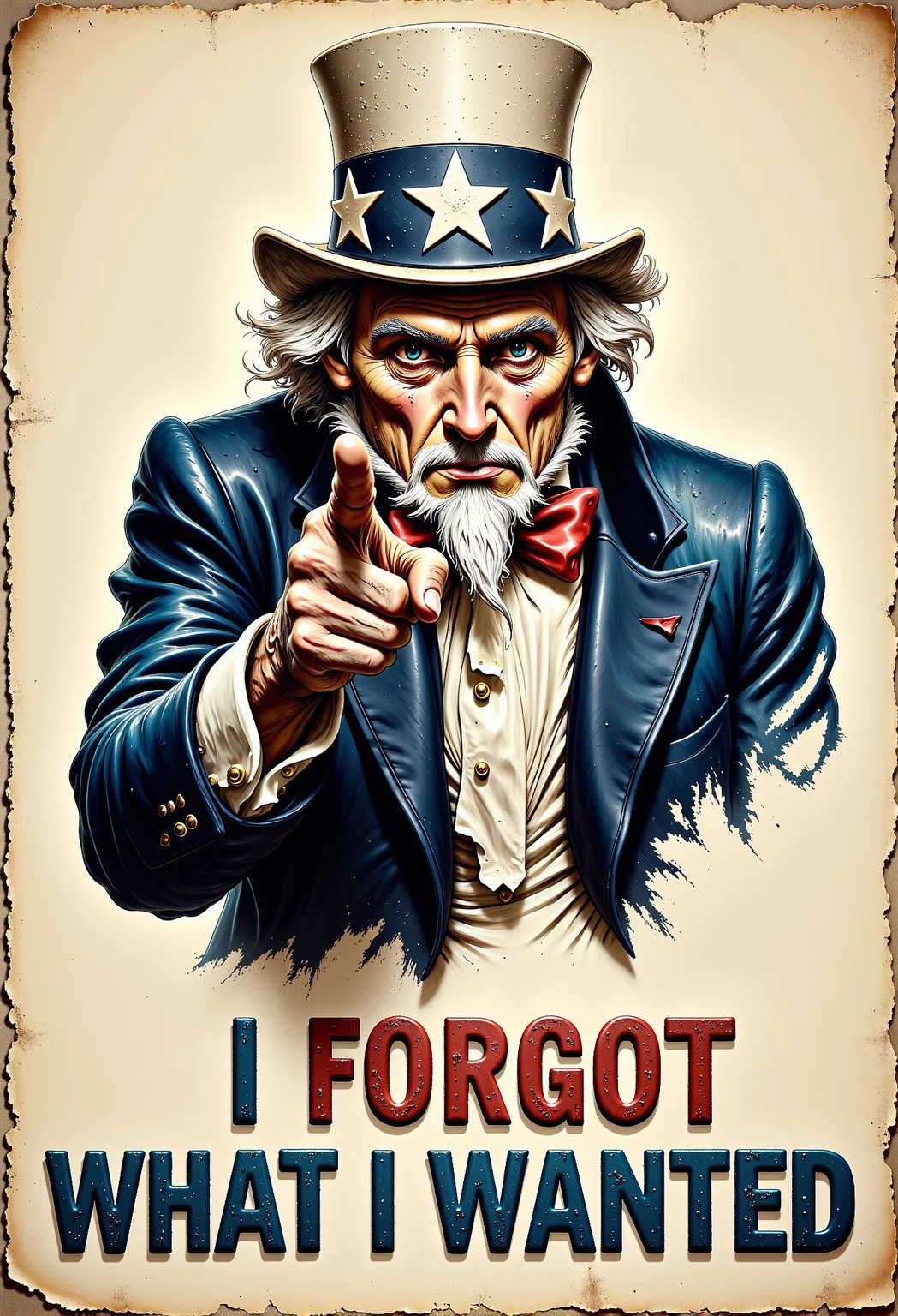 An illustration resembling the classic Uncle Sam recruitment poster, but with a twist. Uncle Sam is depicted as extremely old, frail, and skinny, with a hunched posture. His hair and beard are thin and wispy, and his face is wrinkled and tired-looking. He still wears his traditional patriotic outfit, but it looks worn and slightly tattered. He points at the viewer with a shaky hand, maintaining the classic pose. Below the illustration, the text reads: 'I forgot what I wanted' in bold, slightly faded letters, adding a humorous and ironic touch to the image. <lora:flux_vividizer.safetensors:0.75>, <lora:aidmaImageUpgrader-FLUX-V0.1.safetensors:1.0>, detailmaximizer <lora:Dever_Flux_Enhancer.safetensors:0.5>,