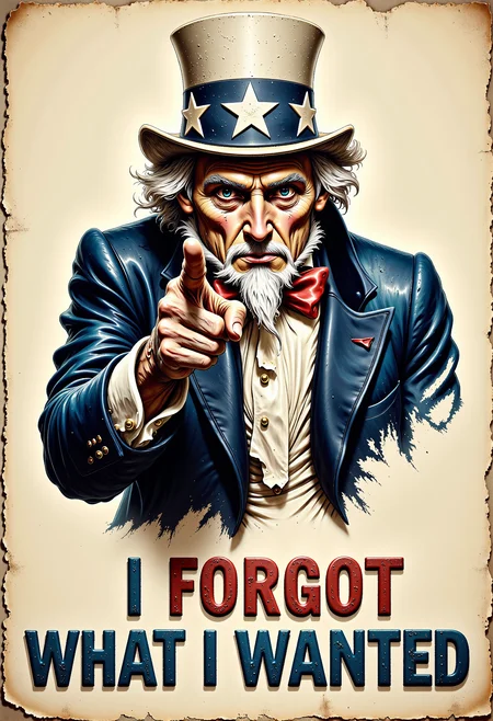An illustration resembling the classic Uncle Sam recruitment poster, but with a twist. Uncle Sam is depicted as extremely old, frail, and skinny, with a hunched posture. His hair and beard are thin and wispy, and his face is wrinkled and tired-looking. He still wears his traditional patriotic outfit, but it looks worn and slightly tattered. He points at the viewer with a shaky hand, maintaining the classic pose. Below the illustration, the text reads: 'I forgot what I wanted' in bold, slightly faded letters, adding a humorous and ironic touch to the image. <lora:flux_vividizer.safetensors:0.75>, <lora:aidmaImageUpgrader-FLUX-V0.1.safetensors:1.0>, detailmaximizer <lora:Dever_Flux_Enhancer.safetensors:0.5>,