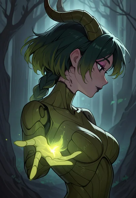 bokeh, luminescent background, charm_person_(magic), cham_aura, aura on hand , glowing eyes,
Multicolored hair, short hair, black lips, freckles, pink eyeshadow, black eyes
...
(30yo), (bark skin), (leaf green hair), (black eyes), (long braid vine hair),
((Tree body)), (curly wooden horns), (burnt face), burn scars,
Full lips,
((Magical roots as body joints)), side profile view, arm reaching towards camera,
...
closed mouth,
((Upper body)),
((Natural armor)),
Sexy pose, medium breasts, alluring,
...
(((Wildlife background, interiors)))
