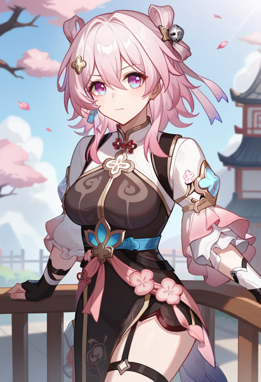 score_9,score_8_up,score_7_up,<lora:march_7th_(hunt))_pony-000020:0.8>,march_7th_(hunt)_(honkai:_star_rail),1girl,solo,pink_hair,blue_eyes,pink_eyes,official_alternate_costume,hair_between_eyes,medium_hair,medium_breasts,hair_ornament,black_dress,chinese_clothes,