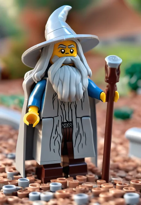 novuschroma53 style a handmade, cartoon, statue of a lego gandalf, in the Shire, full body, isometric, top down, game asset, handmade, game icon, cartoon