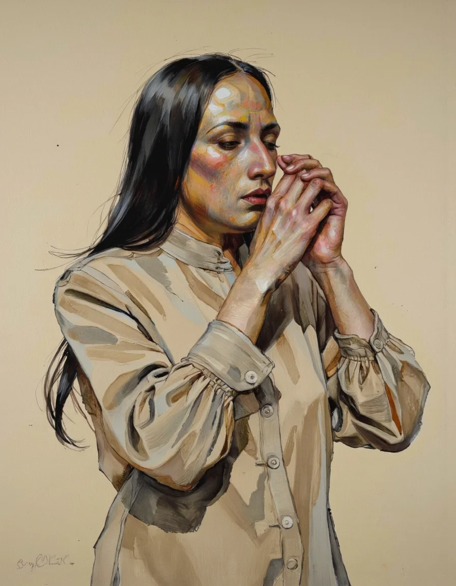 By Craig Hanna. A portrait of an elderly woman with a thoughtful expression, depicted in a realistic style with soft shading and highlights. the woman, who appears to be in her late 60s or early 70s, has long black hair and is wearing a beige blouse with a high collar. she is positioned in the middle of the image, with her upper body facing the viewer and her eyes closed. her hands are clasped together in front of her face, as if she is deep in thought. the background is a plain beige color, and the image has a watermark in the bottom left corner, indicating that it is an artist signature.