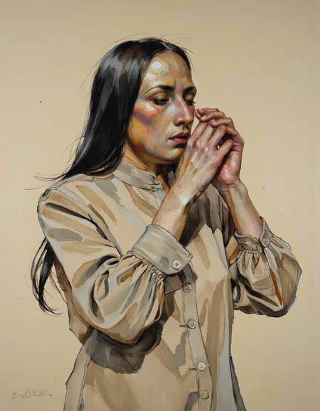 By Craig Hanna. A portrait of an elderly woman with a thoughtful expression, depicted in a realistic style with soft shading and highlights. the woman, who appears to be in her late 60s or early 70s, has long black hair and is wearing a beige blouse with a high collar. she is positioned in the middle of the image, with her upper body facing the viewer and her eyes closed. her hands are clasped together in front of her face, as if she is deep in thought. the background is a plain beige color, and the image has a watermark in the bottom left corner, indicating that it is an artist signature.