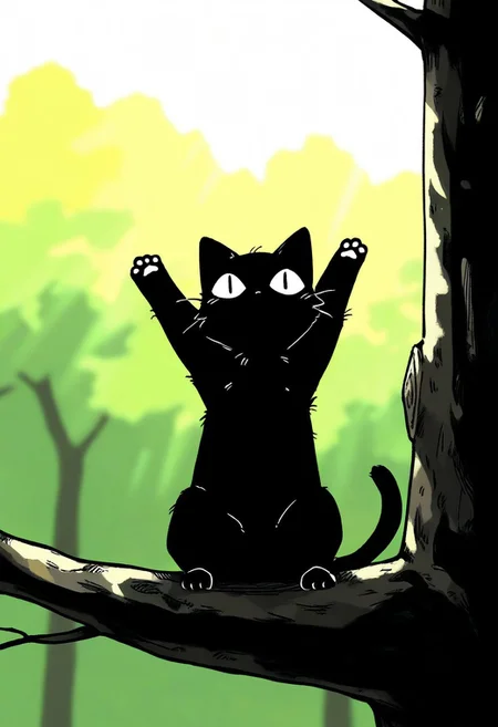 chii-kun \(seedyoulater\), naguru \(cyoroama\), 
very awa, masterpiece, highres, absurdres, newest, year 2024, year 2023, 
(cat:1.2), black cat, (no humans:1.1), scared, paws, fur, (cute:1.2), comfy, solo, stretching, 
tree branches, OO,
day, sunlight, sunrays, 
<lora:TA_trained:0.75>, <lora:ponyv4_noob1_2_adamW-000017:0.33>, <lora:shiroski:0.75>,