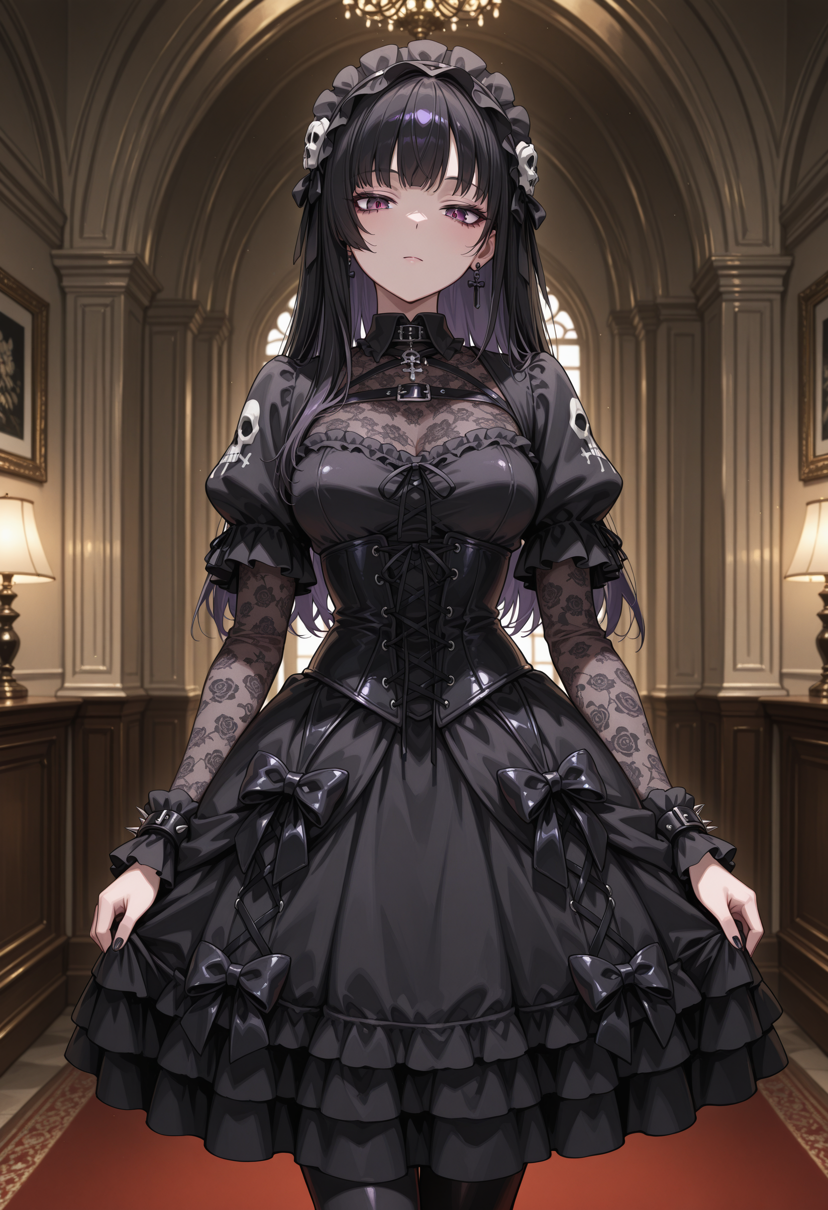 anime, masterpiece, best quality, detailed background, 8k,  <lora:gothgirl:1>, goth girl, goth fashion, 1girl