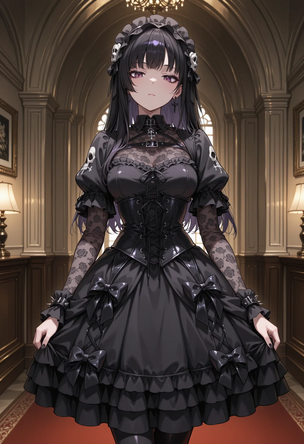 anime, masterpiece, best quality, detailed background, 8k,  <lora:gothgirl:1>, goth girl, goth fashion, 1girl