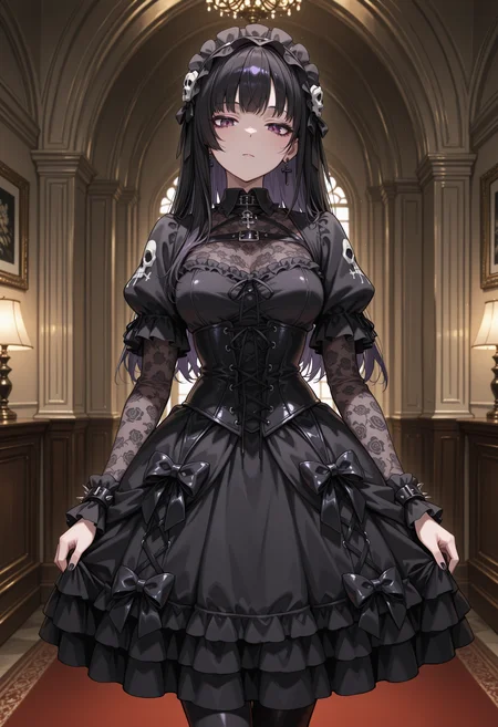 anime, masterpiece, best quality, detailed background, 8k,  <lora:gothgirl:1>, goth girl, goth fashion, 1girl