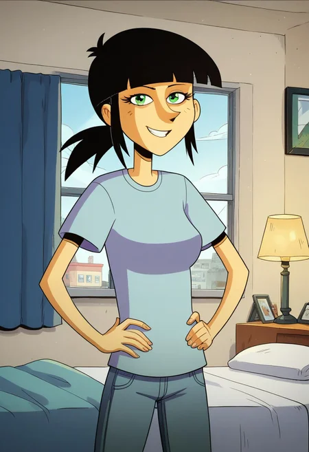 score_9, score_8, score_7, high quality, masterpiece, 1girl, solo, female focus, Sarah_TADL, light skin, green eyes, black hair, straight fringe, low ponytail hairstyle, light blue short-sleeve T-shirt, tight blue jeans, black shoes, smile, standing, indoors, bed, bedroom, nightstand, lamp, window, looking at the viewer, hands on hips, perfect hands. perfect smile, perfect eyes