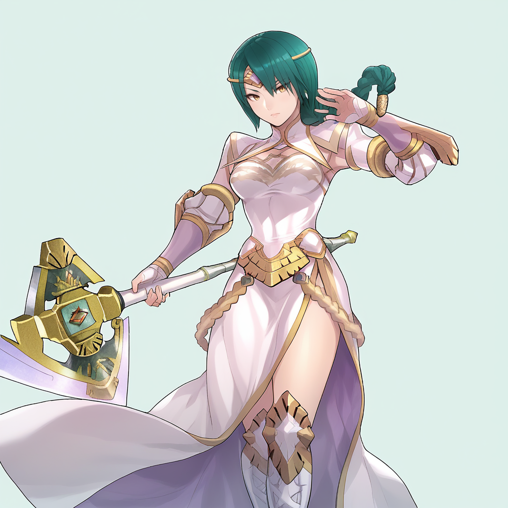 score_9, score_8_up, score_7_up, score_6_up, score_5_up, score_4_up, zPDXL2,source_anime,rating_questionable, 1girl, cowboy shot, <lora:Thorr_-_FEH:1> Thorr_FEH, green hair, yellow eyes, braided ponytail, hair ornament,white footwear, detached sleeves, battle axe, high heel boots,knee boots, white dress, side slit,circlet