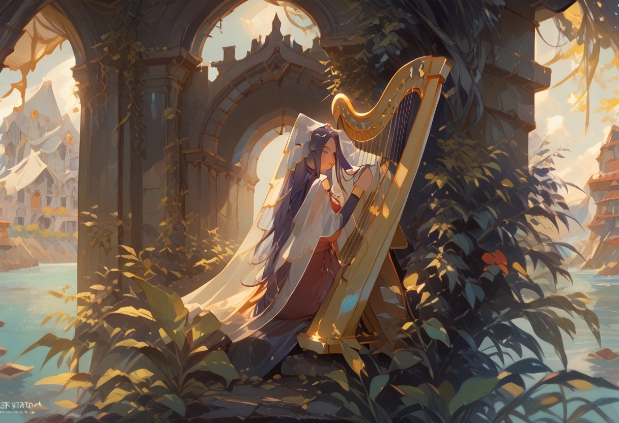 in a secluded clearing, lush vegetation, fantasy architecture, village ruins, elven priestess, upper body, close-up, (pedal harp, holding instrument:1.2), sitting, pas0, sbfte, d4rkv1b3, (score_9, score_8_up:1.1), score_7_up, jill stingray, twintails, dark purple hair, red eyes, looking at viewer, veil, rich broidery, reserved dress, from behind, from side, nape focus, clear lake, golden leaves, spring breeze, setting sun, sc3nery, vibrant colors, high contrast, detail1eye,