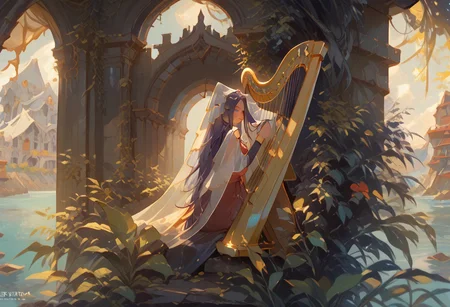 in a secluded clearing, lush vegetation, fantasy architecture, village ruins, elven priestess, upper body, close-up, (pedal harp, holding instrument:1.2), sitting, pas0, sbfte, d4rkv1b3, (score_9, score_8_up:1.1), score_7_up, jill stingray, twintails, dark purple hair, red eyes, looking at viewer, veil, rich broidery, reserved dress, from behind, from side, nape focus, clear lake, golden leaves, spring breeze, setting sun, sc3nery, vibrant colors, high contrast, detail1eye,