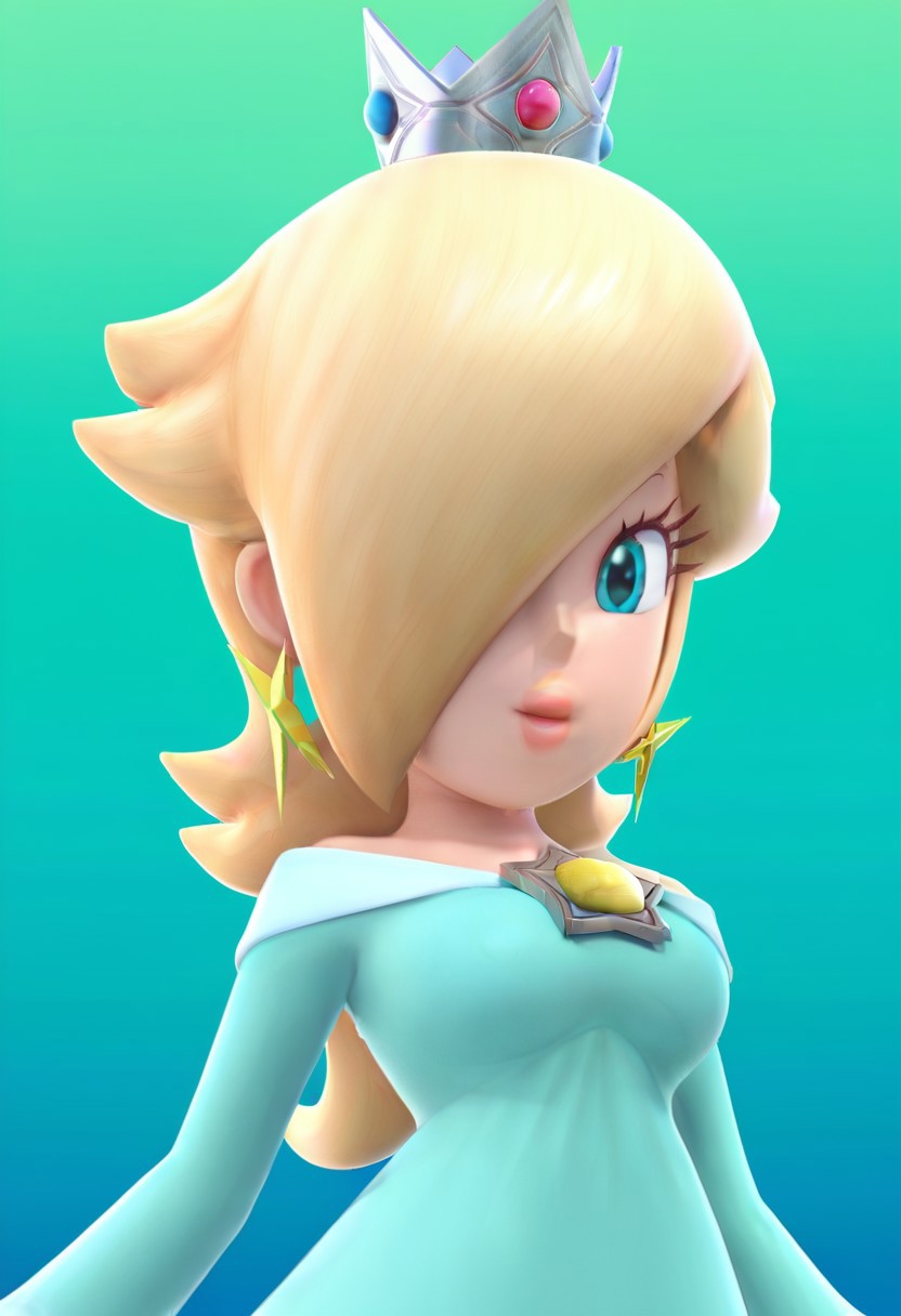 rosalina, aqua dress, 1girl, solo, long hair, looking at viewer, simple background, star \symbol\, hair over one eye, looking at viewer, neutral expression, bare shoulders, lips, eyelashes, crown, green background, gradient background, small waist, star earrings, cowboy shot, giant breasts, beautiful, best quality