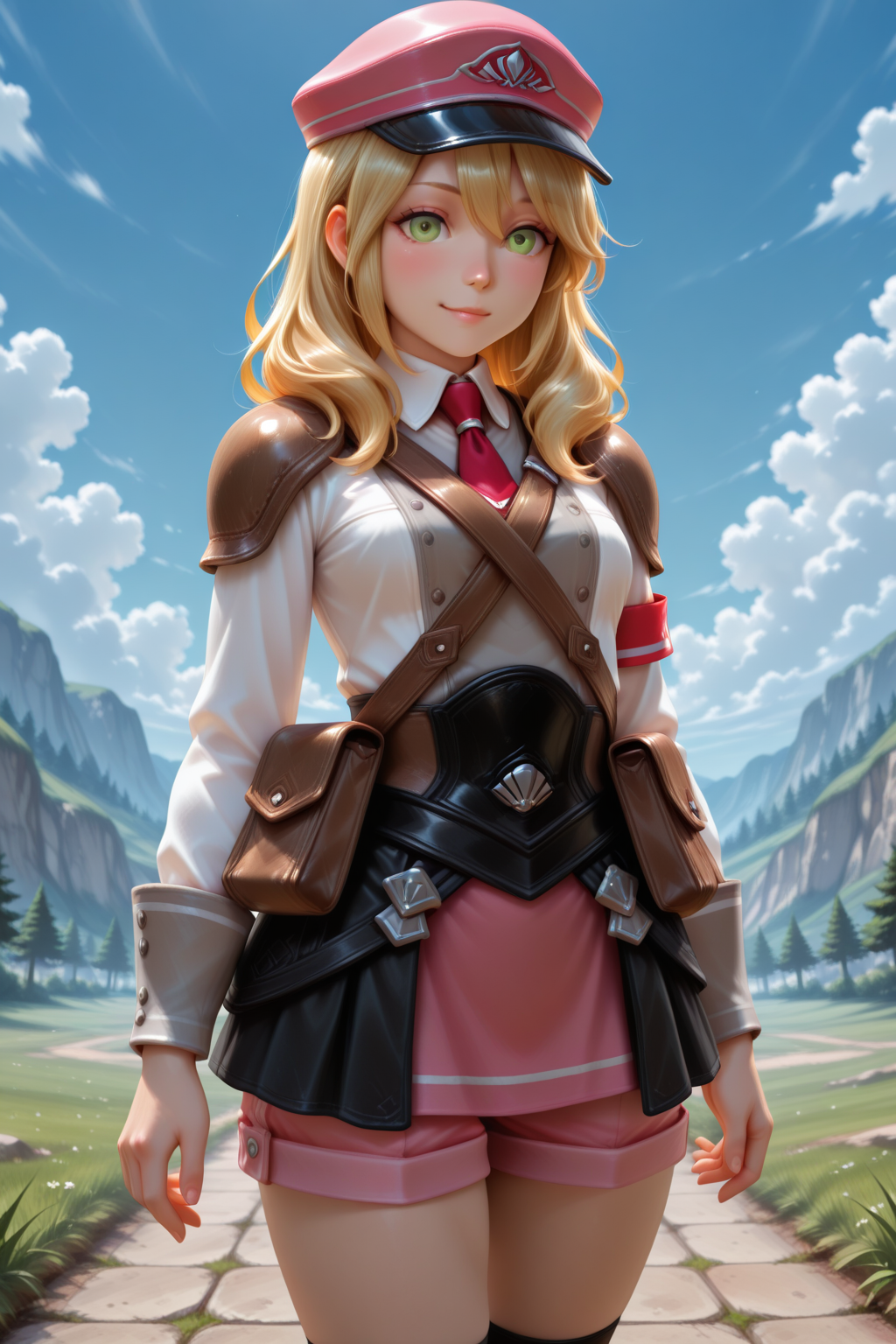 masterpiece, best quality, amazing quality, 1girl, solo, makeup, general, looking at viewer, blush, smile, bright sky, cloud, outdoors, (fantasy), <lora:RF5_Alice:1>, RF5_Alice, long hair, blonde hair, green eyes, hair between eyes, breasts, uniform, shirt, collared shirt, jacket, pink shorts under skirt, skirt, pink headwear, peaked cap, long sleeves, armband, red necktie, shoulder armor, belt, belt pouch, bag, socks, kneehighs, boots, <lora:wai-2Rectified-V140:1>, <lora:Illustrious_-_Refiner:1>